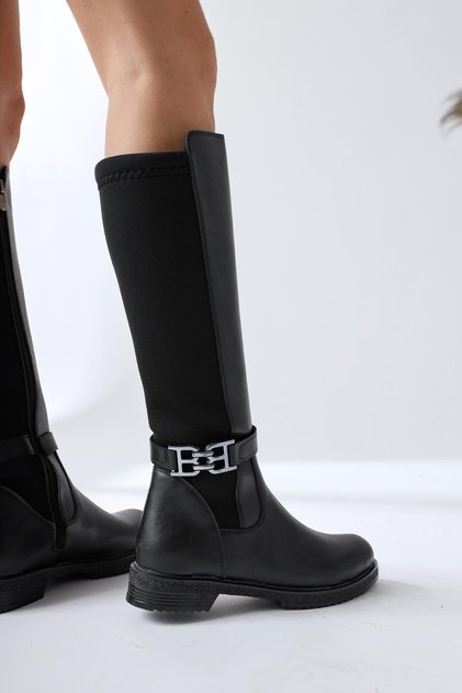 Mountaha Black Diver, cizme de damă cu toc scurt, cu detaliu de accesoriu din țesătură elastică