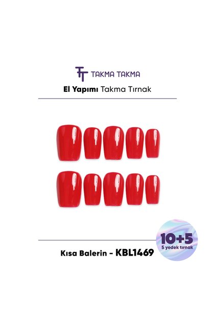 15'li Kırmızı Kısa Balerin KBL1469 Tekrar Kullanılabilir El Yapımı Protez Takma Tırnak Kırmızı-XS