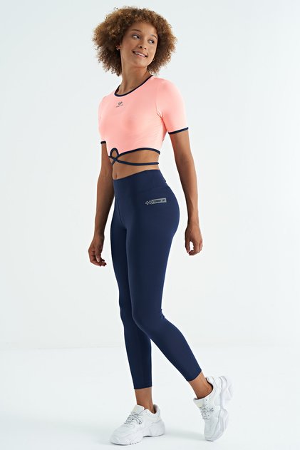 Indigo Logo Print Detailed High Waist Diving Fabric Slim Fit Women's Tights - 94627