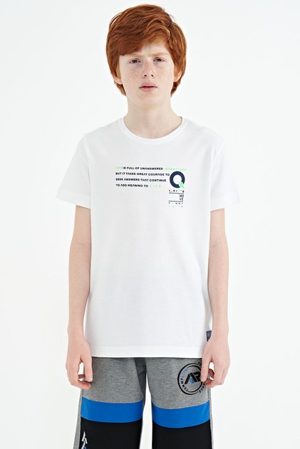 White Print Detailed O Neck Standard Fit Boys T-Shirt - 11145