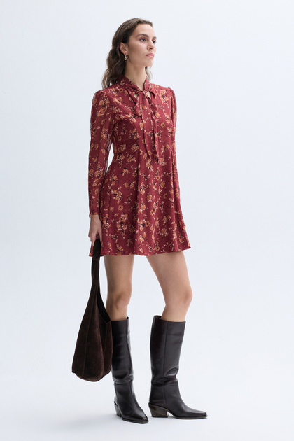 Kadın Bordo Floral Baskılı Yakası Bağlamalı Mini Elbise