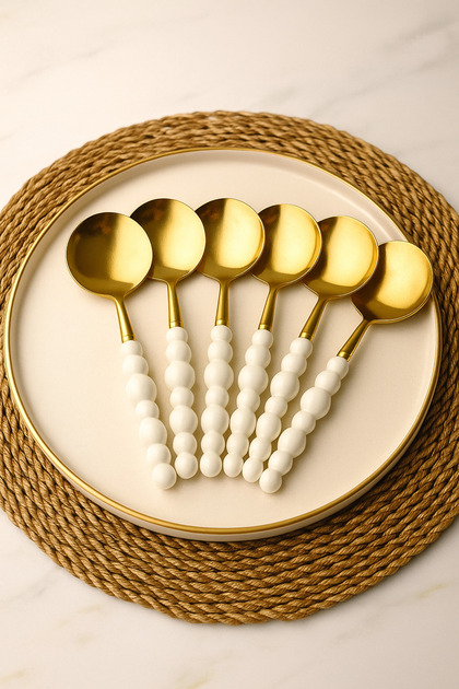 6 Adet Beyaz Plastik İnci Taş Detaylı Gold Yemek Kaşığı Takımı | 6 Parça Lüks Yemek Kaşık Takımı