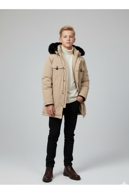 Boy's and Girl's Zipper Closure Hooded Fur Lined Double Flap Pocket Waterproof Coat