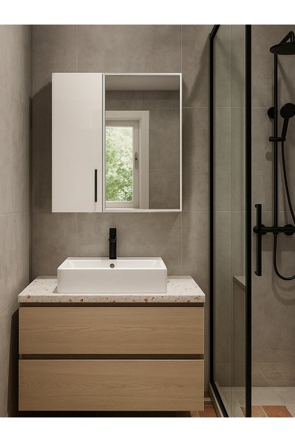 Fonksiyonel Aynalı Banyo Üst Dolabı 3 Raflı Kapaklı Çok Amaçlı Banyo Dolabı Beyaz | Menaro