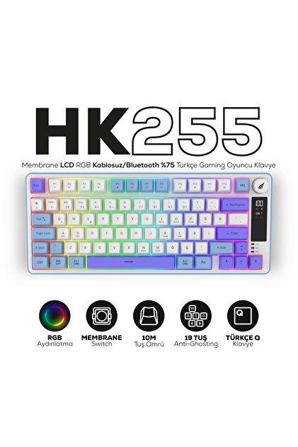 Hawk Gaming ChairHK255 Membrane LCD RGB Kablosuz/Bluetooth Mavi Mor %75 Türkçe Gaming Oyuncu Klavye