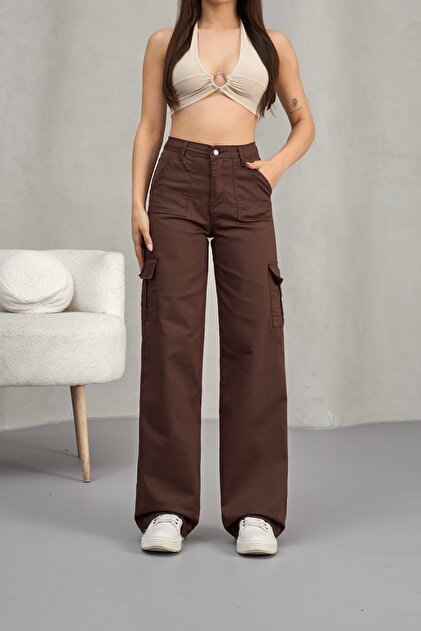 alanora Kadın Kargo Straight fit Yüksek Bel Geniş Paça Pantolon