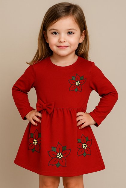 Red Girl's Dress with Flowers for Autumn & Winter New Year (2-3-4-5-6 Years Old)