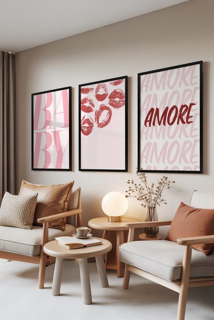 Crni uokviren set od 3 slike, Baby & Amore – roze tonovi, set za spavaću sobu br: 30001