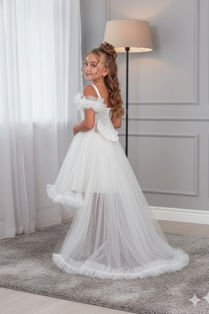 Rochie de Seara Copii Stil Tulle cu Coadă Alb GarsonBoy ABY231