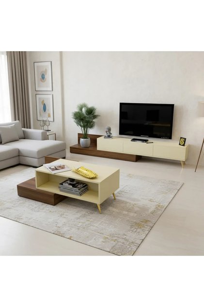 طقم طاولة تلفزيون وطاولة وسط بني وبيج مودرن - SH55