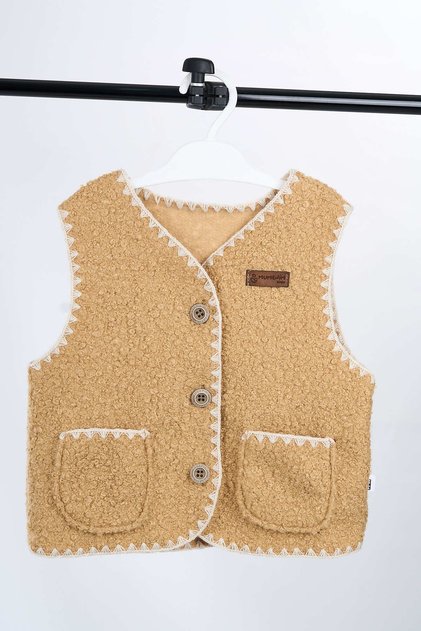 Plush Textured Cotton Unisex Baby Tan Vest |   Warm, Buttoned Casual & Stylish Winter Children's Vest
