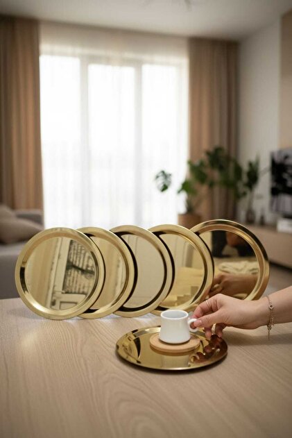 6'lı Gold Metal Dekoratif Servis Tepsisi, Çay Ve Kahve Tepsisi, Pasta Ve Tatlı Sunum Tepsisi 22cm