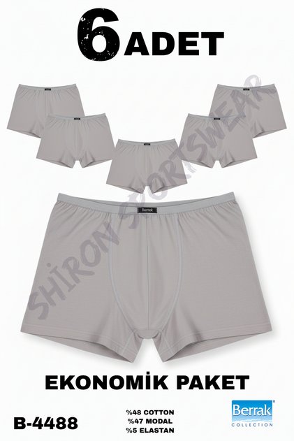 Erkek 6'lı Paket Gri Renk Modal Kumaş İnce Lastikli Boxer Berrak 4488