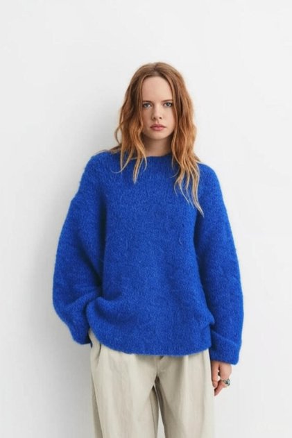KZK0010 Pulover tricotat pentru femei albastru cobalt cu textura moale guler rotund supradimensionat