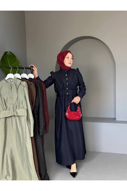 فستان طويل بأكمام بالونية وأزرار للنساء