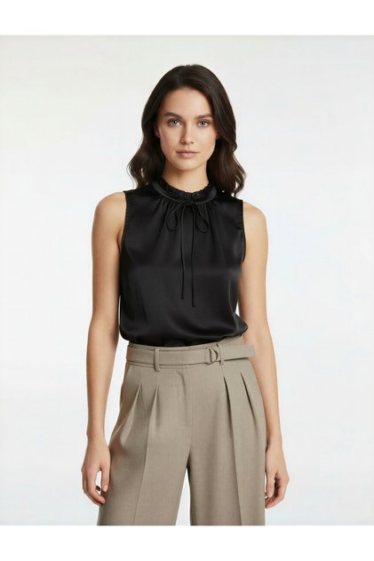 Tie-Up Detailed Vertical Ruffle Collar Sleeveless Shirt