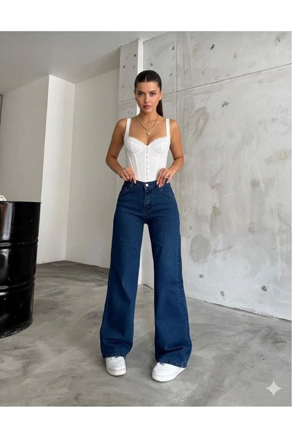 Selena Dark Blue Stretch Fabric Super High Waist Loose Jeans. (Super High.) Wide Leg .