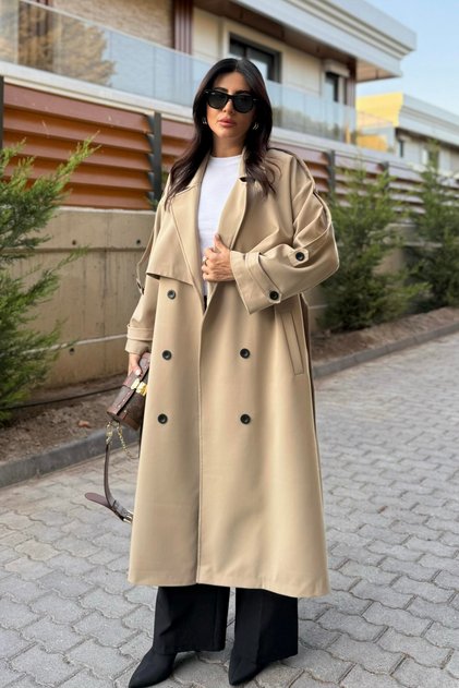 Karamell Lucky Button Detaillierter Oversize-Trenchcoat-9476