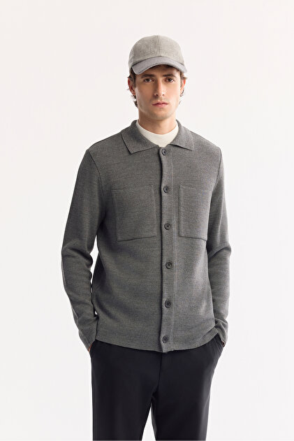 Avva Erkek Gri Polo Yaka Düğmeli Yün Karışımlı Regular Fit Hırka