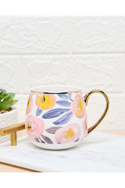 White Floral Mug With Gold Handle