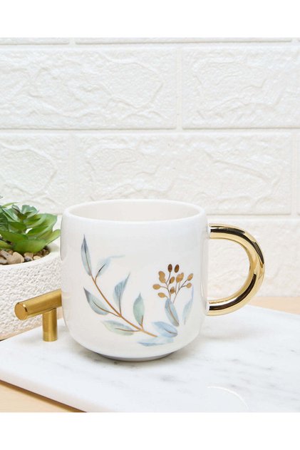 White Floral Mug With Gold Handle