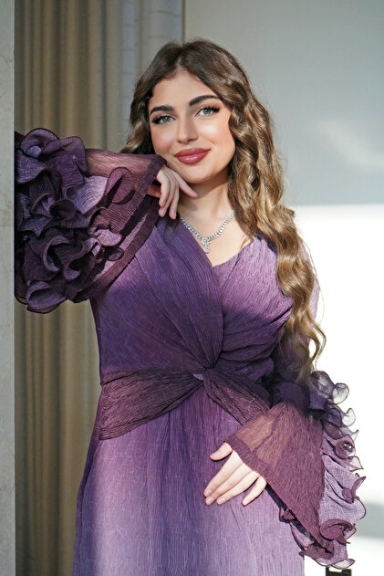 Opera Fashion A mauve dress with an elegant design and luxurious chiffon  sleeves.- Trendyol
