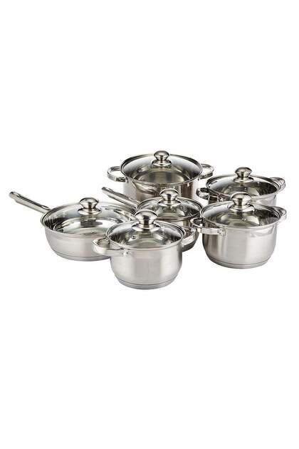 Stainless Steel 12-Piece Cookware Set - Casserole, Saucepan, Fry Pan