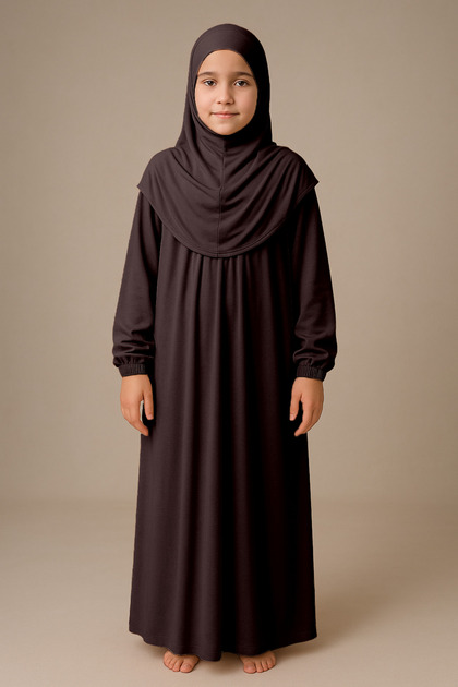 Girls' Hijab Dress One-Piece Prayer Wear Plug-In Headscarf Cotton Elastic Sleeve