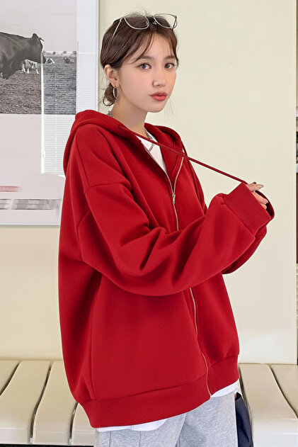 MARECASH Unisex Kapüşonlu Kırmızı Oversize Hırka Zip 2 Iplik Orta