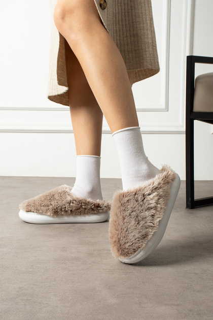 Women's Winter Warm Fur Detailed Comfortable Indoor Eva Sole Home Slippers
