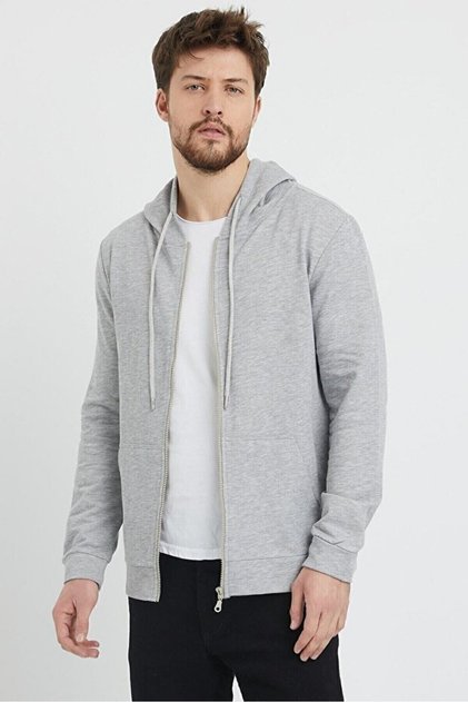 Gri Melanj 3 iplik Fermuarlı, içi Polarlı, Kapüşonlu, Cepli Fit Erkek Sweatshirt Hırka