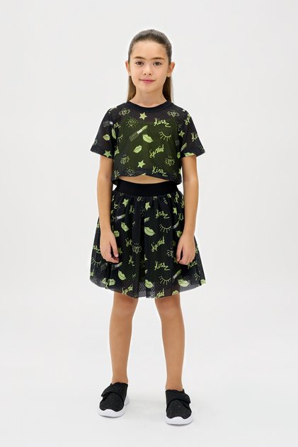 Girl's Neon Printed Black Mesh T-Shirt