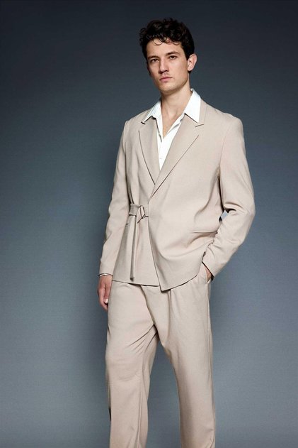 Men's Belted Oversized Piece Suit Beige