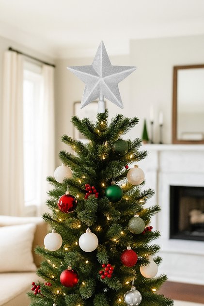 Christmas Tree Topper (20 cm) - Large Size Luxurious Pine Tree Decoration with Silver Glitter and Star Filling