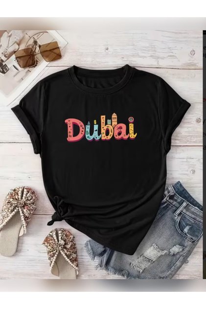 Unisex Oversized Dubai B Printed Crew Neck Short Sleeve Black T-Shirt