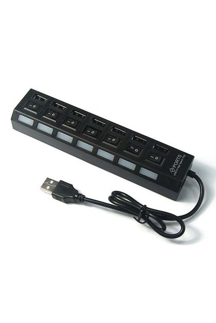 محول موزع USB 2.0 بسبعة منافذ مع ضوء LED ومفتاح تشغيل/إيقاف التشغيل - أسود