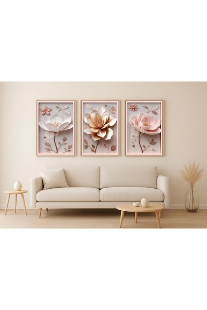 Set de pictură pe lemn cu flori în relief înrămate, 3 bucăți, decor pentru casă