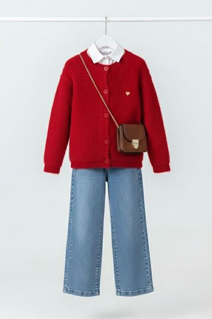My Little One's Soft Textured Heart Detailed Cardigan and Wide Leg Jean Girls' Combination - Red