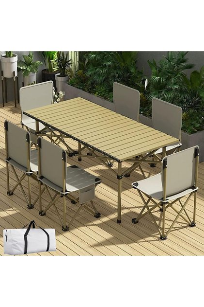 YU WELL Portable Roll-Up Camping Table with 6 Chairs, Aluminum, Beige 120x55x50cm