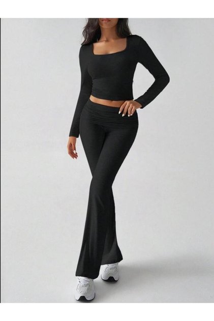 Women's Black Crop Body- Flared t Shaping / Sculpting Waist Leggings Bottom Top Set