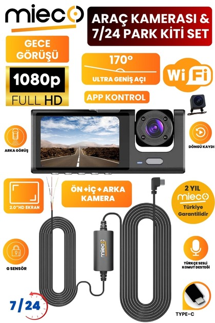 Mieco 1S 3 Kameralı Araç Kamerası Seti - Wifi / App / Fhd/ 170