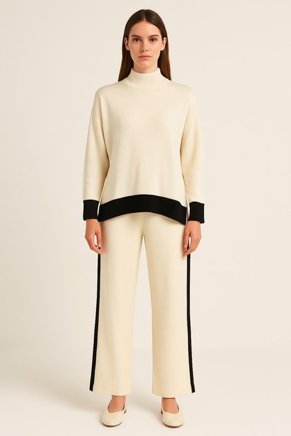 Women's Ecru Black Striped Knitwear Set – High Neck Sweater + Wide Leg Pants -