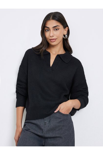 Black Textured Knit Open Collar Polo T-Shirt