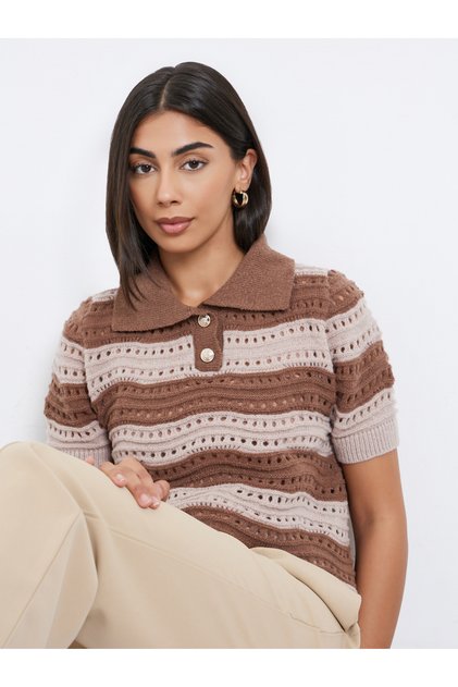 Brown Striped Hollow Knit Polo T-Shirt