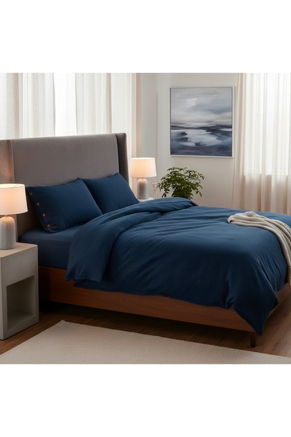 Muslin 100% Cotton Double Size Washable Duvet Cover Set Non-Ironing Blue