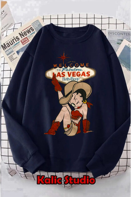 Betty Boop Las Vegas Sweatshirt Oversized Crew Neck Navy Blue