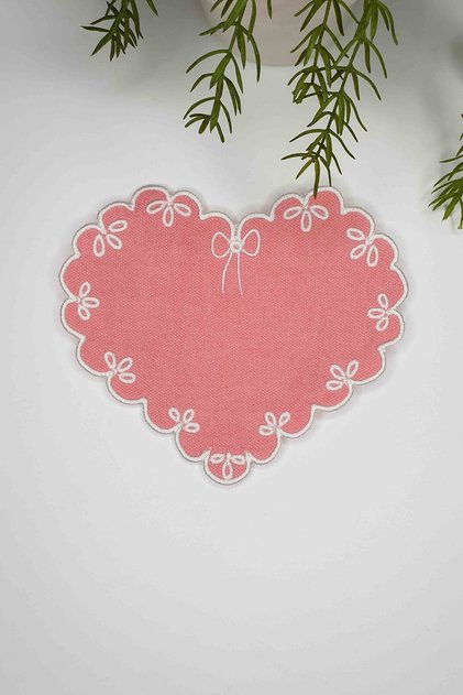 Heart Shape Salmon Color Fabric White Embroidered Fabric Cocktail Napkin 1 Piece