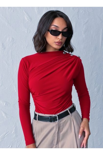 Women's Red Boat Neck Shoulder Buttoned Gathered Long Sleeve Sandy Fabric Blouse