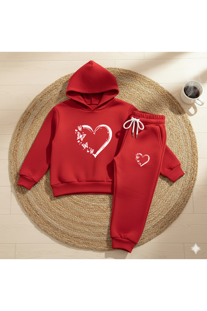 Butterfly Heart Printed Premium Kids Hooded Premium Compact Sweatshirt Tracksuit with Pockets and Drawstring