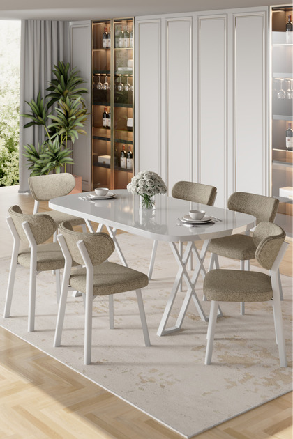 Axton Serisi Sabit Mdf 90x168 Beyaz Mutfak Masa Takımı 6 Cappucino Sandalye